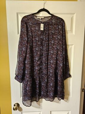 Loft Floral Pintuck Tunic Dress in Burgundy and Light Blue
